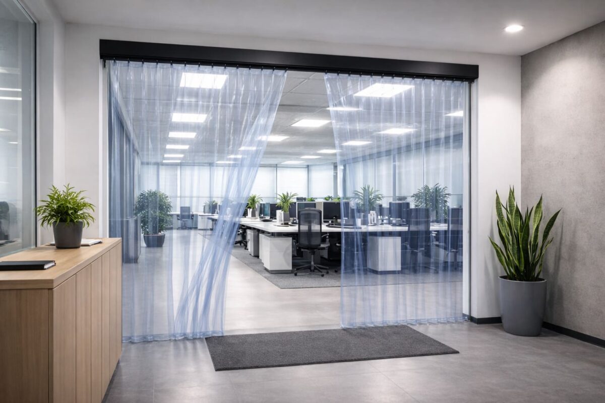 Transparenter PVC-Streifenvorhang zwischen Büro und angrenzendem Arbeitsbereich