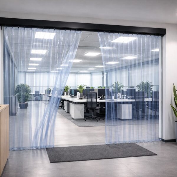 Transparenter PVC-Streifenvorhang zwischen Büro und angrenzendem Arbeitsbereich