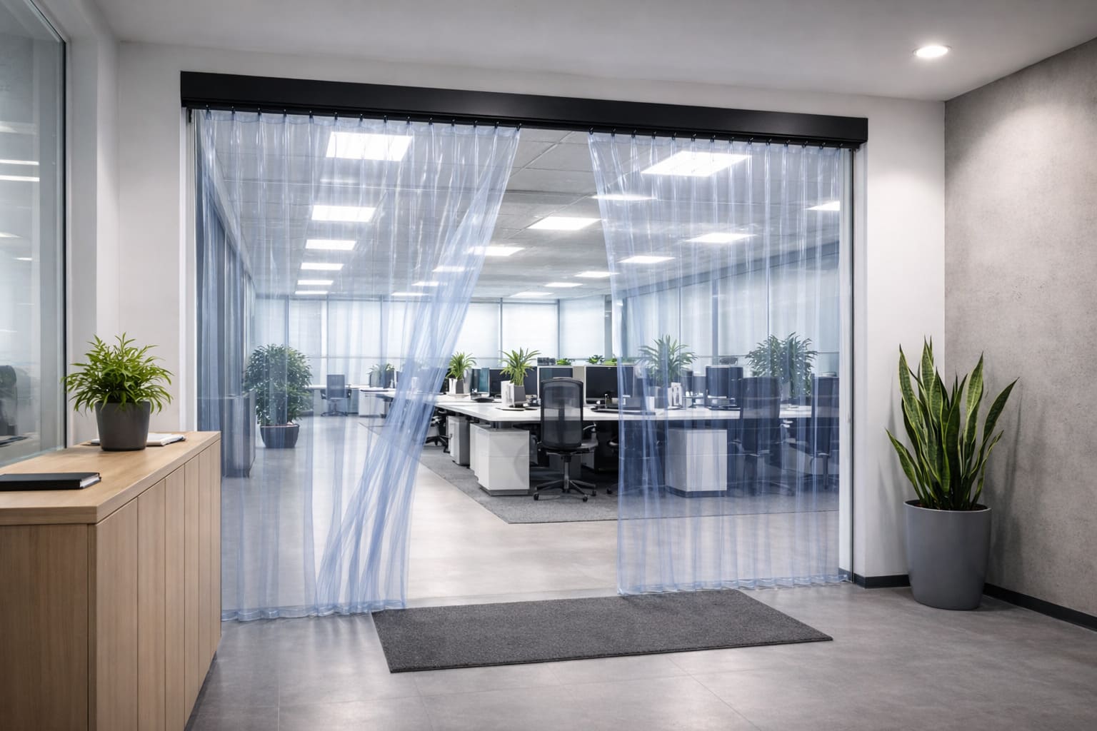 Transparenter PVC-Streifenvorhang zwischen Büro und angrenzendem Arbeitsbereich