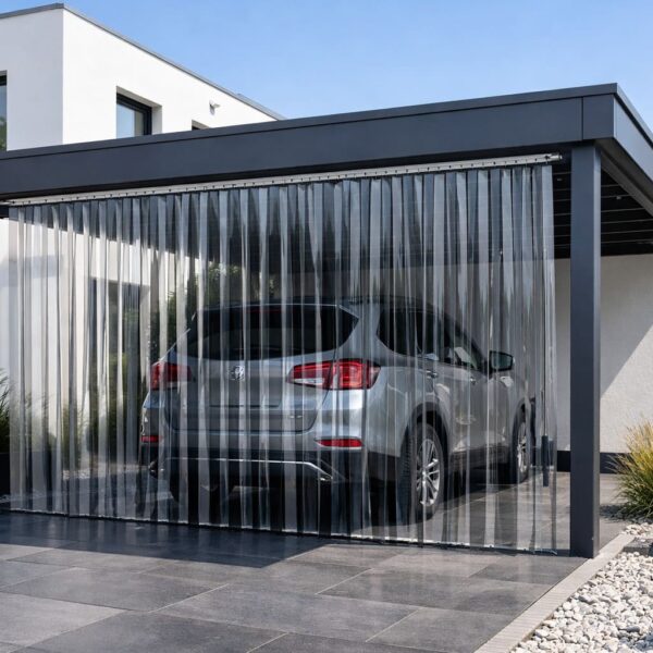 PVC Streifenvorhang an einem offenen Carport als Wind- und Wetterschutz