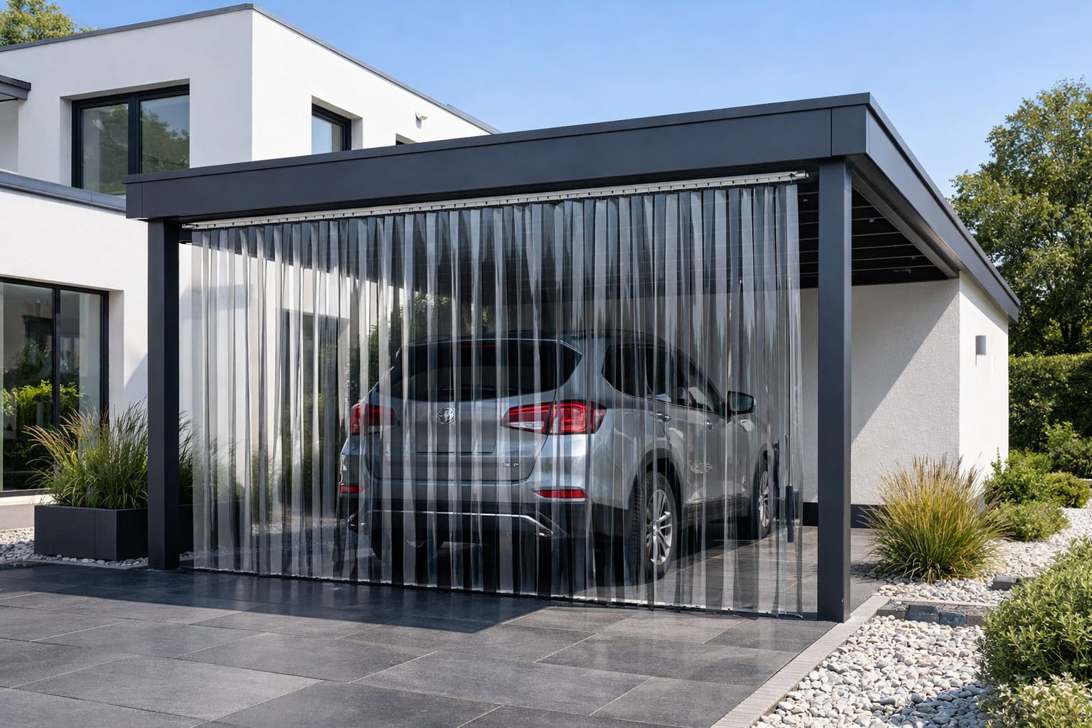 PVC Streifenvorhang an einem Carport